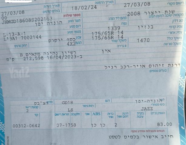 מודעת רכב הונדה ג'אז 